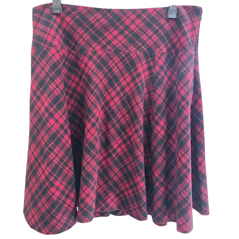 Lauren Ralph Lauren Red Black Plaid Wool Blend A-Line Skirt Women Size 16
